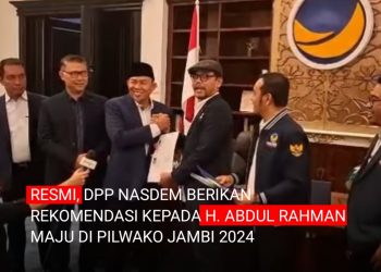 Resmi, DPP NasDem Keluarkan Rekomendasi Kepada H. Abdul Rahman Maju di Pilwako Jambi 2024